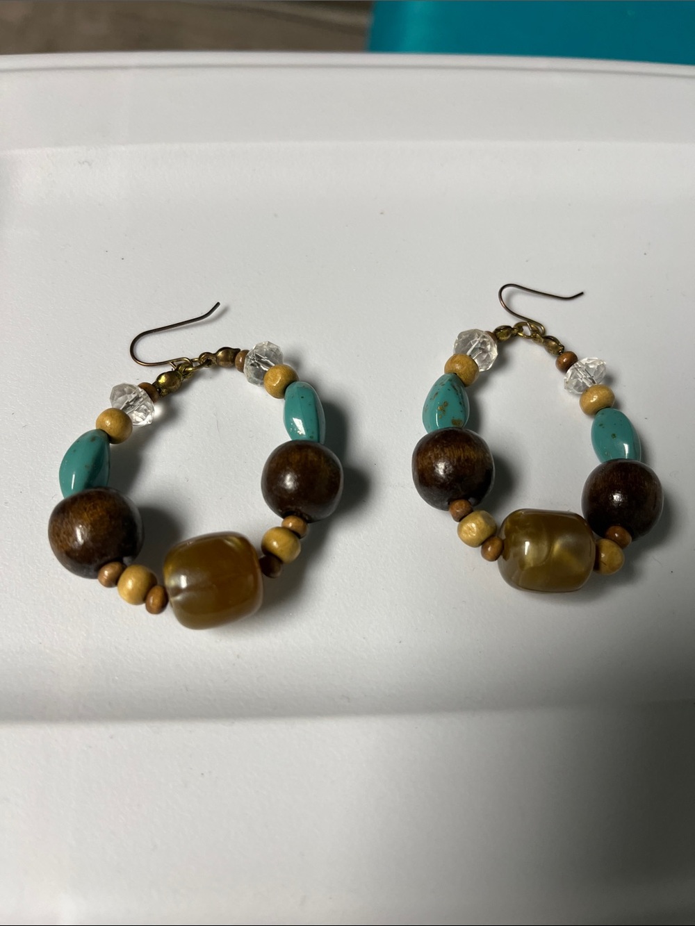 Boho Turquoise & Amber Bead Hoop Earrings - Unbranded